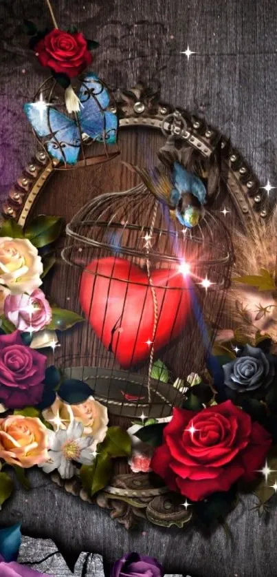 Heart in a cage with roses and a butterfly, dark wooden background.