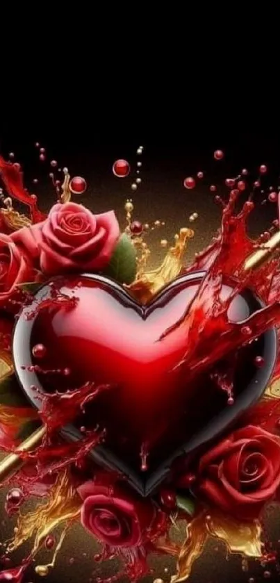 Red heart with roses and arrow in artistic design.