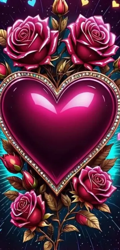 Artistic wallpaper with a pink heart and roses