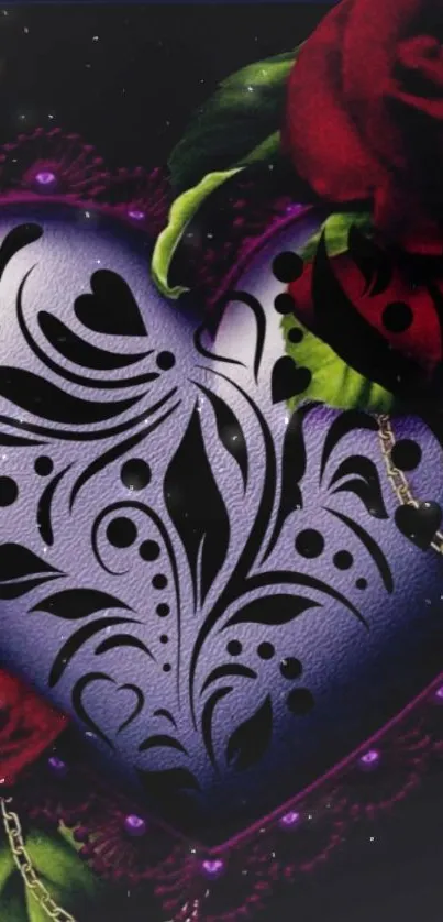 Fantasy heart and roses wallpaper, rich in purple and red hues.