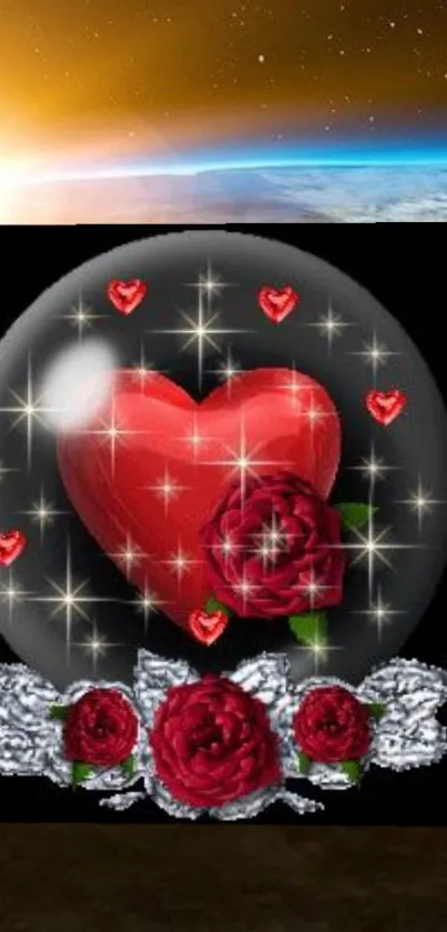 Heart and roses with galaxy background wallpaper.