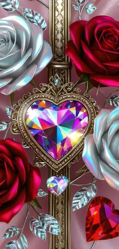 Vibrant heart with red and silver roses.