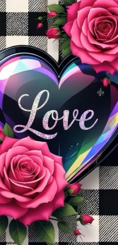 Heart with pink roses on plaid background.