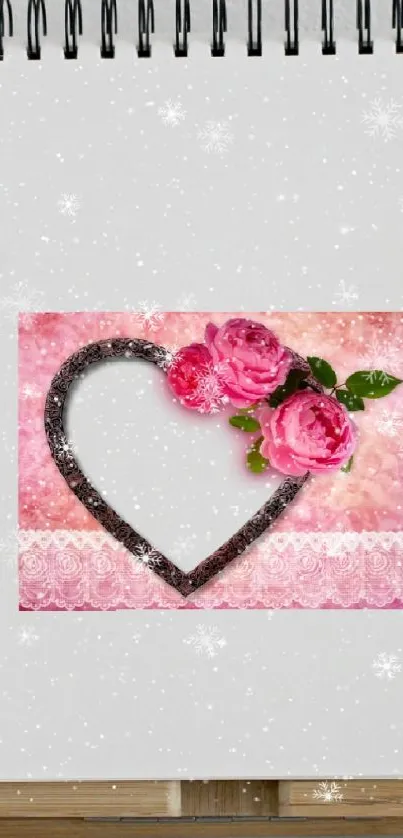 Heart with pink roses on a sparkling pink background.