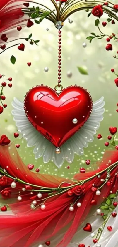 Heart and roses mobile wallpaper with vibrant red hues and floral design.