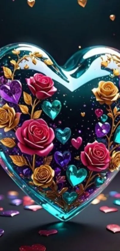 Heart-shaped design with roses and colorful hearts.