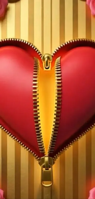 Red heart with gold zipper and roses wallpaper
