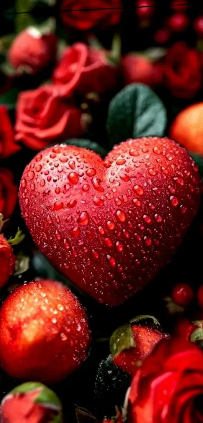 Heart shaped with dewy drops surrounded by red roses in a vibrant display.