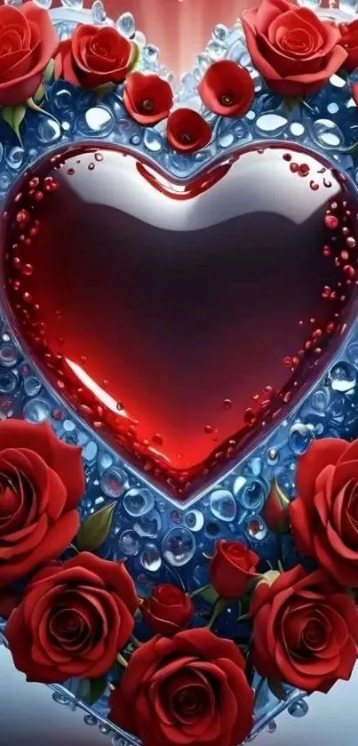 Glossy heart surrounded by red roses.