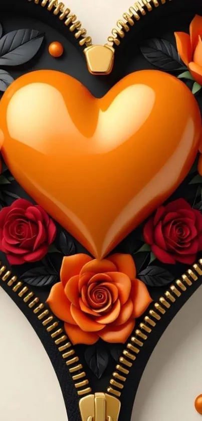 Orange heart with roses and zipper design wallpaper.
