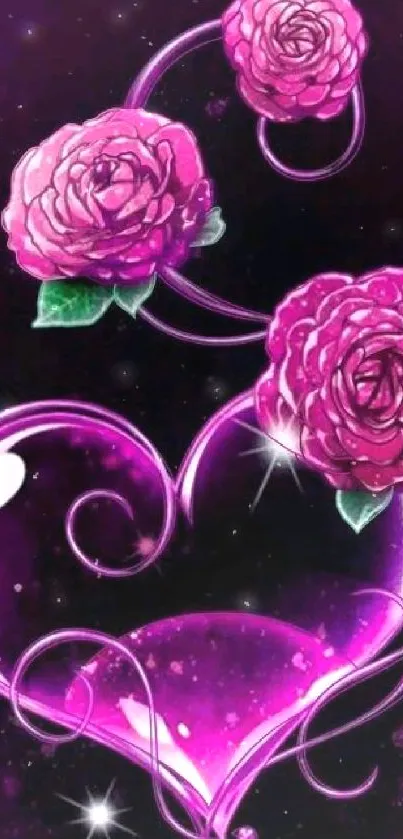 Heart with pink roses on a purple background wallpaper.