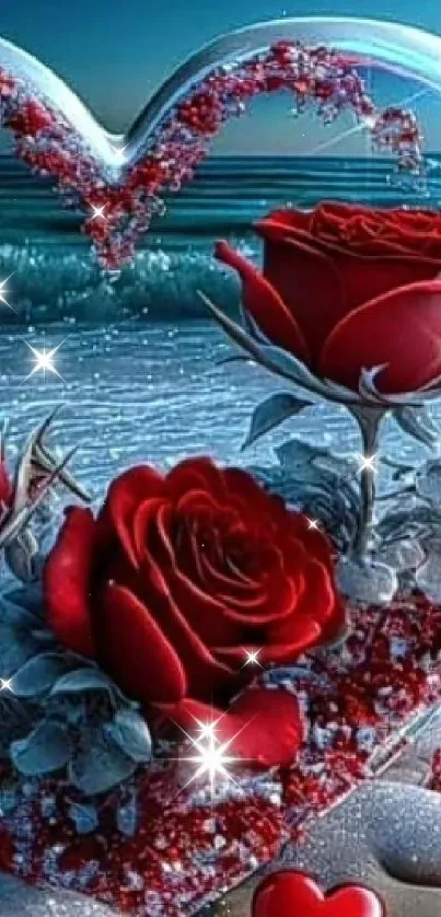 Heart-shaped glass with red roses on the ocean shore wallpaper.