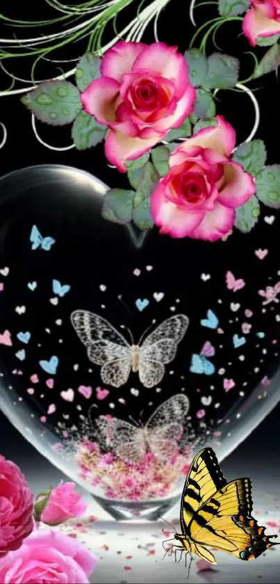 Crystal heart with butterflies and pink roses, set on a dark background.