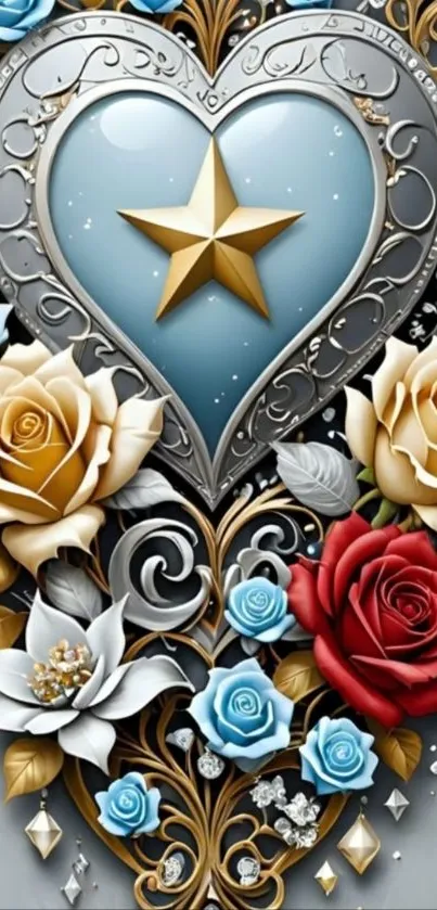 Artistic heart with colorful roses in ornate design.