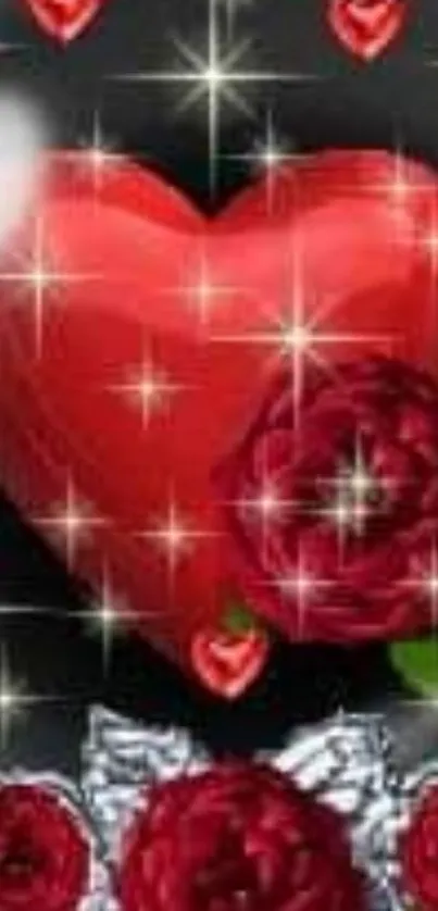 Romantic heart and roses with sparkles wallpaper.