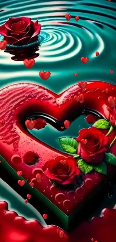 Red heart with roses on water, creating ripples.