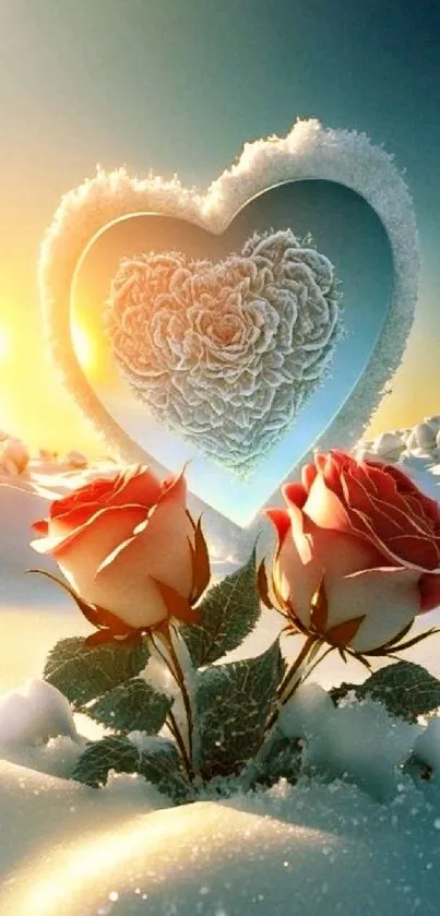 Snowy roses with heart-shaped ice and sunset glow in winter landscape.