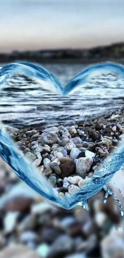 Heart-shaped water frame with ocean beach background.