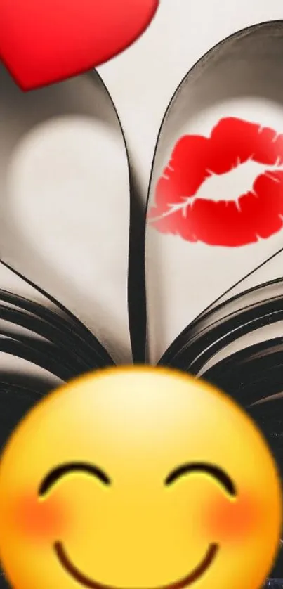 Heart and smiley emoji on book background wallpaper.