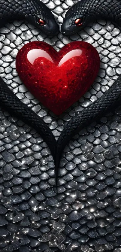 Fantasy artwork of two snakes forming a heart with a red center.