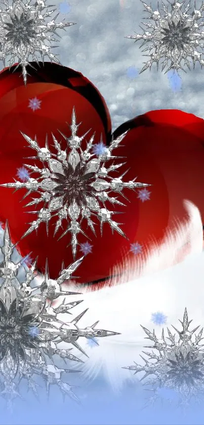 Red heart and silver snowflakes mobile wallpaper.