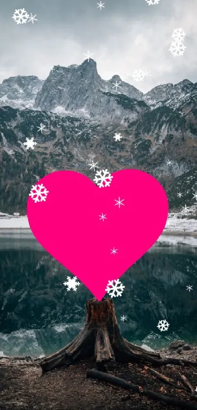 Pink heart and snowflakes over mountain lake landscape.