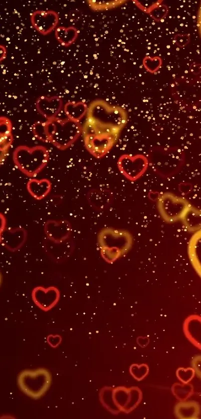 Wallpaper with glowing hearts and sparkles on a dark red background.