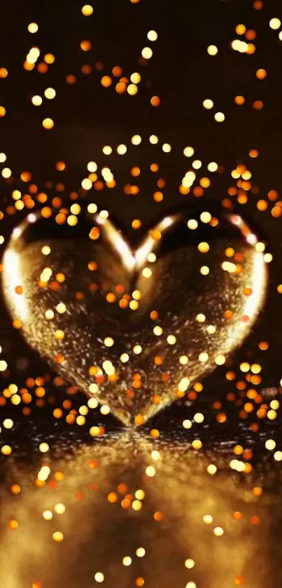 Glowing heart shape surrounded with golden sparkles on a dark background.