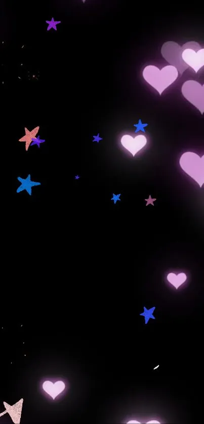 Black wallpaper with glowing purple hearts and blue stars.