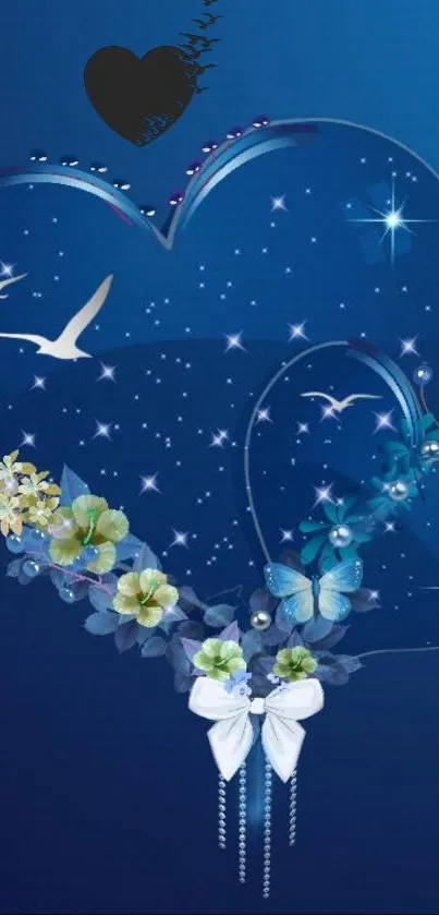 Heart-shaped design with flowers and stars on a deep blue background.