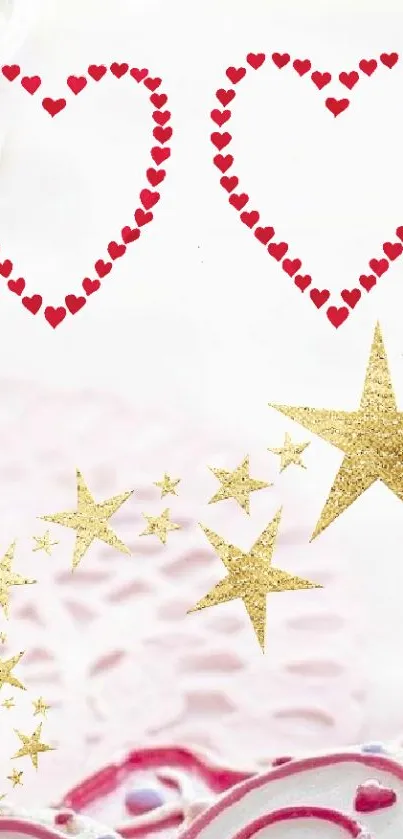 Mobile wallpaper featuring red hearts and golden stars on a white background.