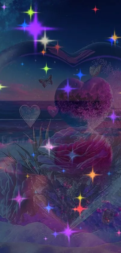 Heart with stars and butterflies over a dreamy ocean at night.