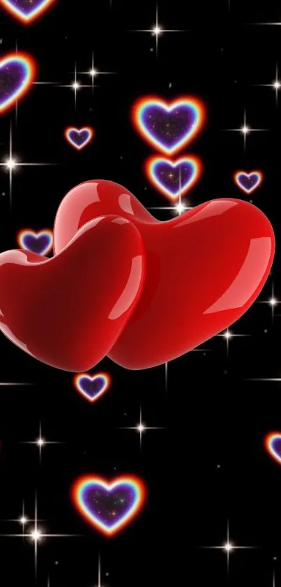 Glossy red 3D hearts with a starry background.