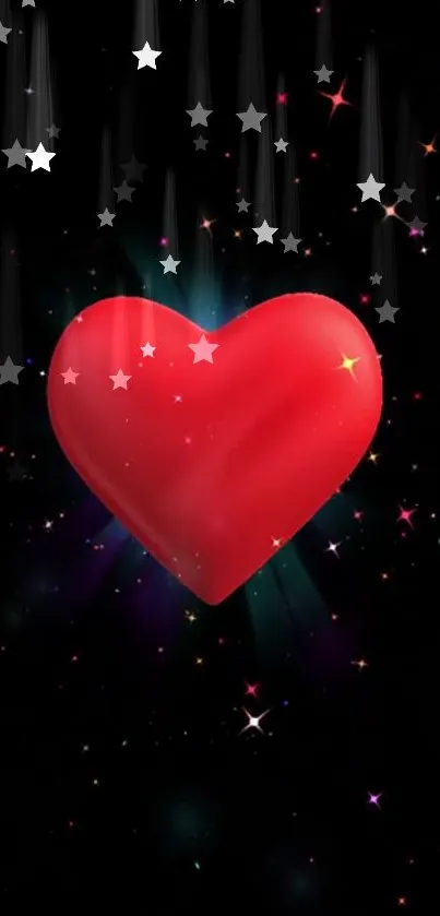 Vibrant red heart with stars on a dark, cosmic background for mobile wallpaper.