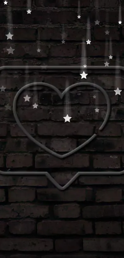 Neon heart and stars on dark brick wall wallpaper.