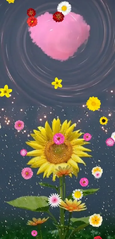 Magical wallpaper with sunflower and pink heart.