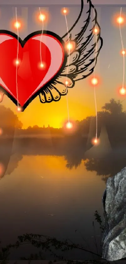 Heart with wings over lake at sunset, with artistic lights and rock.