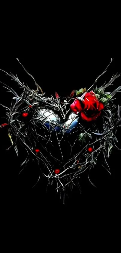 Heart with thorns and red roses on black background wallpaper.