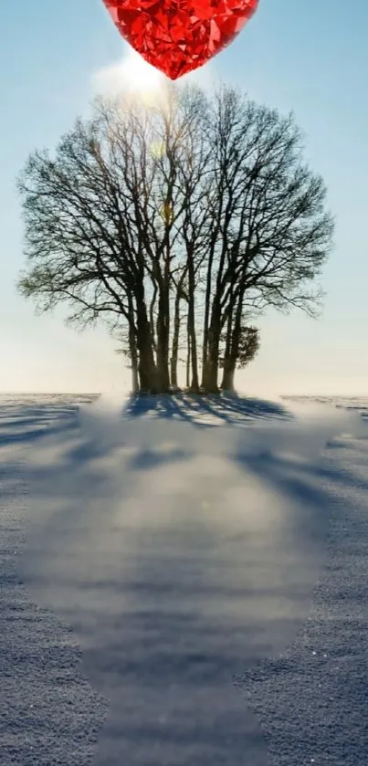 A peaceful winter scene with a tree and a red heart in the sky.