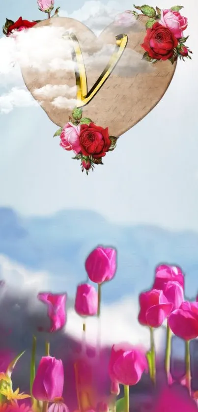 Romantic wallpaper with wooden heart and tulips under a blue sky.