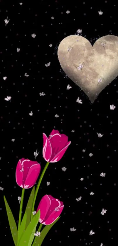 Heart-shaped moon and pink tulips against starry black sky wallpaper.