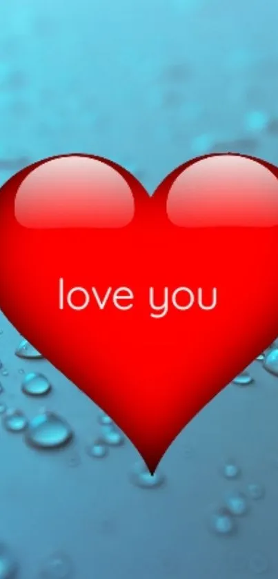 Glossy red heart on blue water droplet background wallpaper.