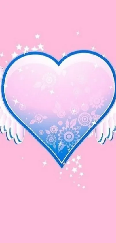 Pink wallpaper with a blue heart and white wings.