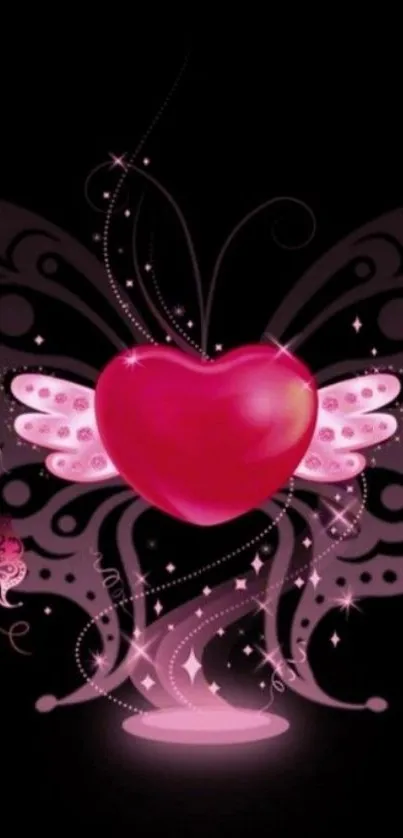 Pink heart with wings on black background wallpaper.