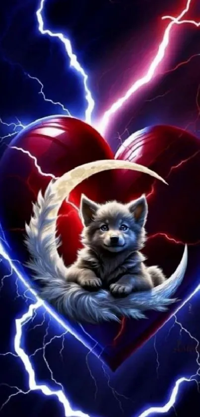 A heart with a wolf and lightning in a fantasy art style.