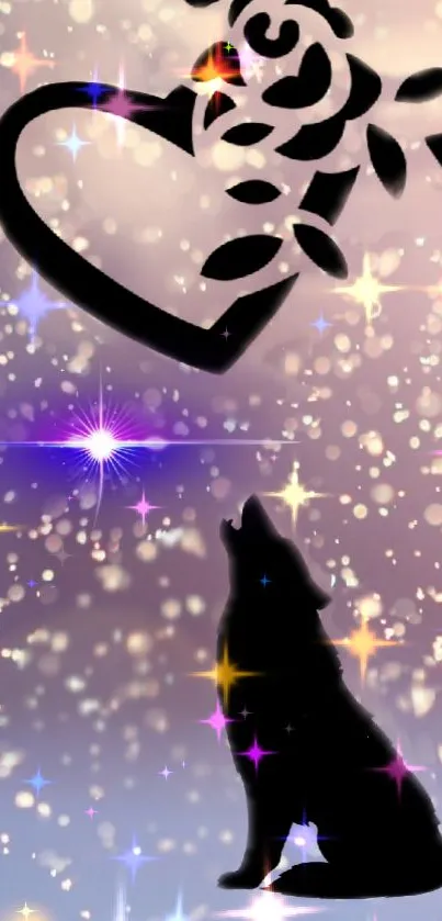 Mobile wallpaper with wolf, heart, and sparkling lights in purple tones.