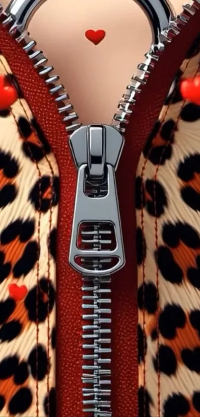 Zipper with red heart design on leopard print.
