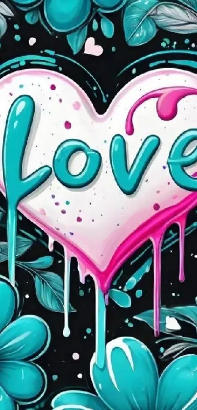 Colorful heart art with love text and flowers.