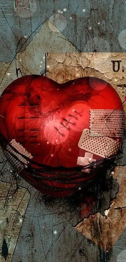 Artistic red heart with vintage elements on a textured background mobile wallpaper.