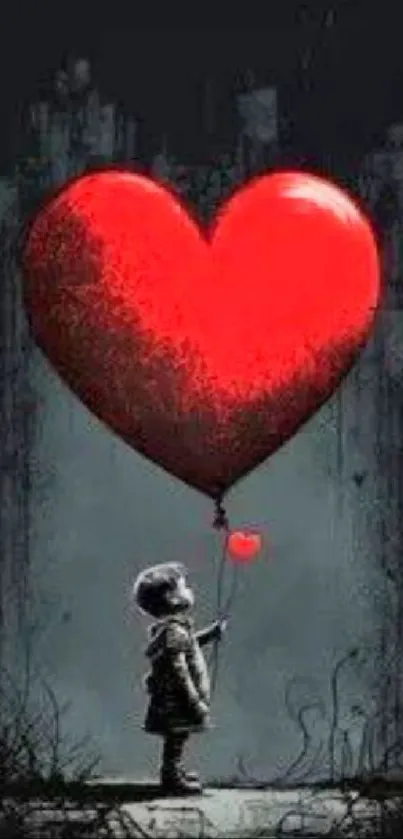 Child holding a large red heart balloon.